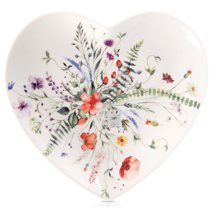 Farfurie desert din portelan in forma de inima, Orion, 17,5x17x2cm, alb cu flori, design elegant