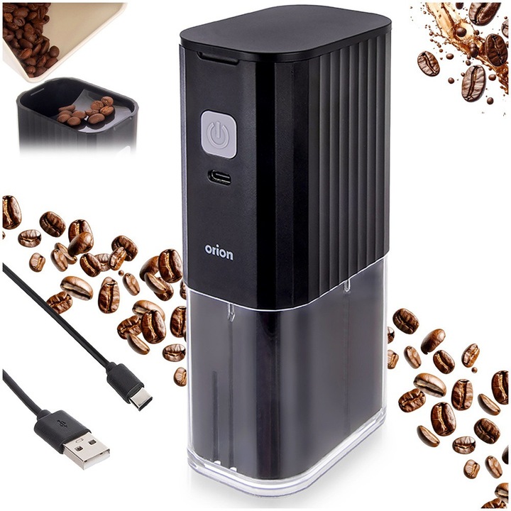 Macinator De Cafea Electric, Orion, 8x5.5x16 cm, Fara Fir, Incarcat Prin Usb, Mecanism De Macinare Ceramic, Reglare A Grosimii Macinarii, Oprire Automata, Negru