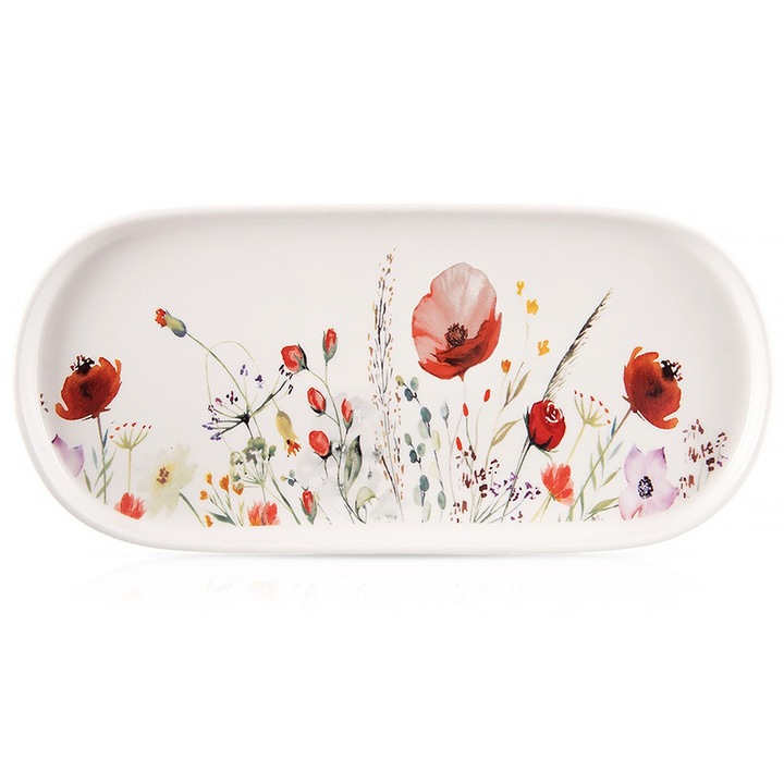 Platou de servire, Orion, Maki, 25x12x1,5cm, alb, decor flori