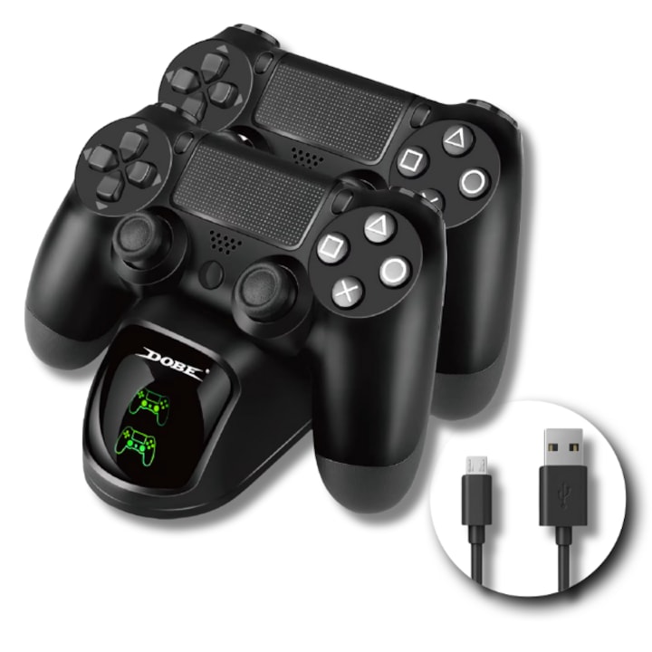 Kettős töltőállomás, Kettős kontroller töltő dokkoló LED kijelzővel, két kontroller egyidejű töltése, csúszásmentes, kompatibilis playstation ps4 / ps4 pro / ps4 slim, abs, 175x60x55mm, fekete, LuckyLu®