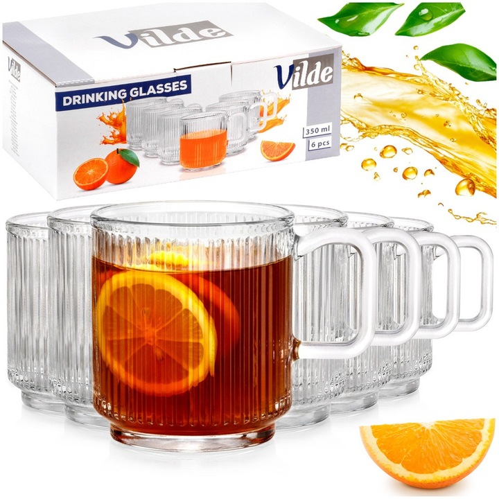 Комплект от 6 чаши с дръжка, Vilde, 350 мл, 12x8.5x9.5 см, стъклени, подходящи за миене в съдомиялна машина, идеални за сервиране на топли и студени напитки, универсална употреба, прозрачни