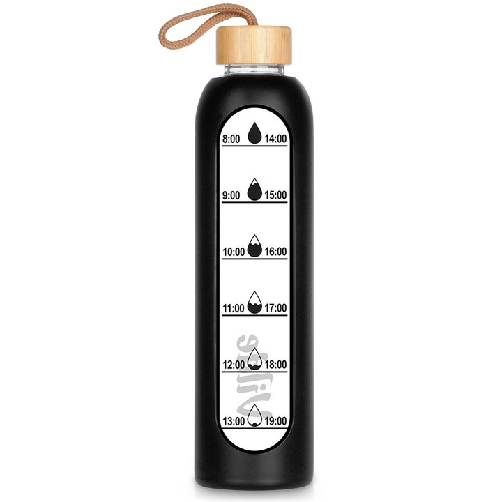 Бутилка Vilde, стъклена с бамбукова капачка и силиконов калъф, 1 л, 30x8 см, черна