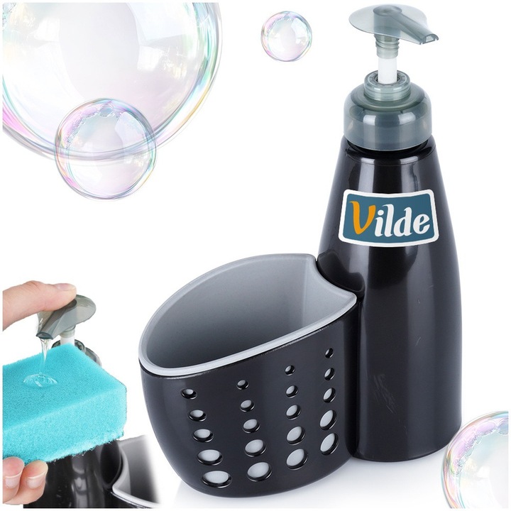 Folyadékadagoló Edényekhez Szivacstartóval, Vilde, 370 ml, 15x7x18.5 cm, Üveg, Manuális, Vízálló, Elemek Nélkül, Kiváló Minőségű Anyagok, Fekete