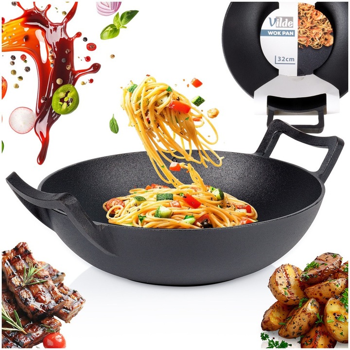 Tigaie Wok Din Fonta, Vilde, Cast Line, 32 cm, Rezistenta La Temperaturi Ridicate, Potrivita Pentru Gratar, Inductie Si Cuptor, Manere Confortabile, Utilizare Universala, Negru