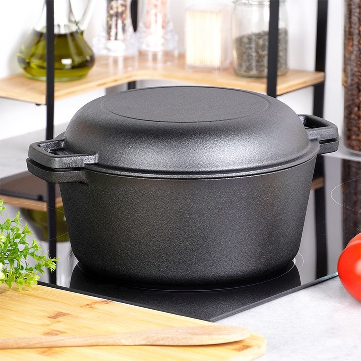 Oala Din Fonta Masiva Calitate Premium Cu Capac Multifunctional Tigaie 2 In 1 Vilde Cast Line, Dimensiune 26 Centimetri, Volum 4.5 L Plus 1.6 L In Capac, Rezistenta Temperaturi Inalte, Functioneaza Direct Pe Inductie, Gratar Si La Cuptoare