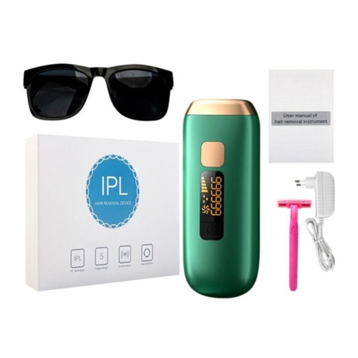Epilator IPL, pentru fata si corp, verde, cu accesorii