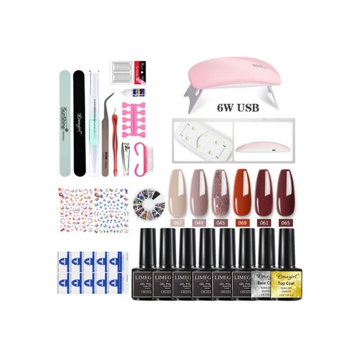 Kit pentru manichiura cu gel, oja gel, pile, lampa UV, decoratiuni unghii