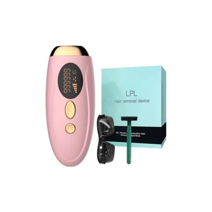 Epilator SZSMART Ipl002, tehnologie cu impulsuri, roz, set cu ochelari si aparat de ras