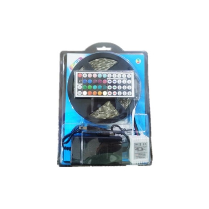 Banda LED RGB 12V 5050, 54 becuri, 5m, cu adaptor IR si telecomanda 44 butoane