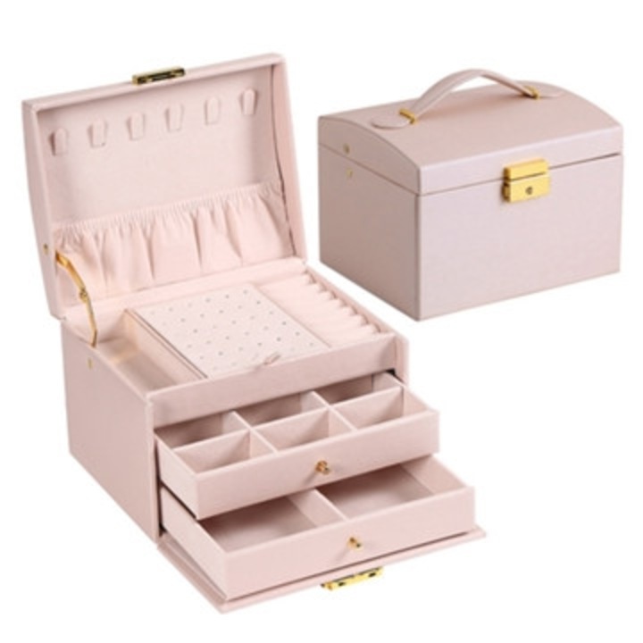 Cutie bijuterii, 3 niveluri, pentru inele, coliere, bratari si ceasuri, roz