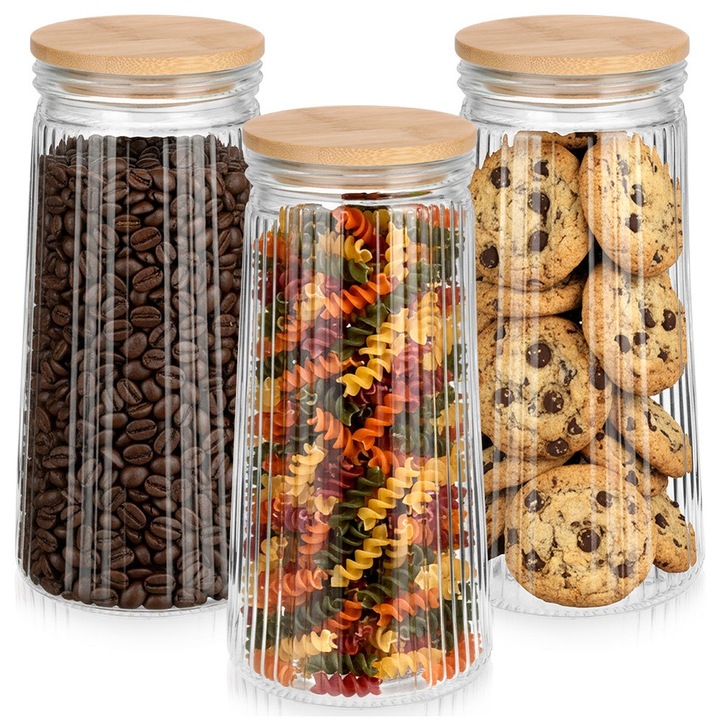 Set 3 recipiente sticla cu capac din bambus si garnitura, 1,4 l, Vilde, 9,5x11x23cm