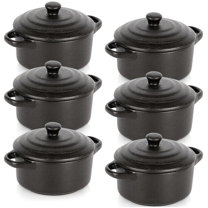 Комплект от 6 порцеланови гювечета с капак 450 мл, Vilde, черни, 16,5x12x6см