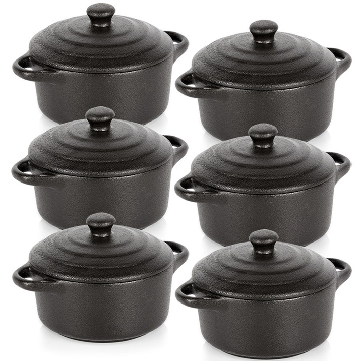Set 6 oale de portelan cu capac 300 ml, Vilde, 15x11x5,5 cm, culoare neagra