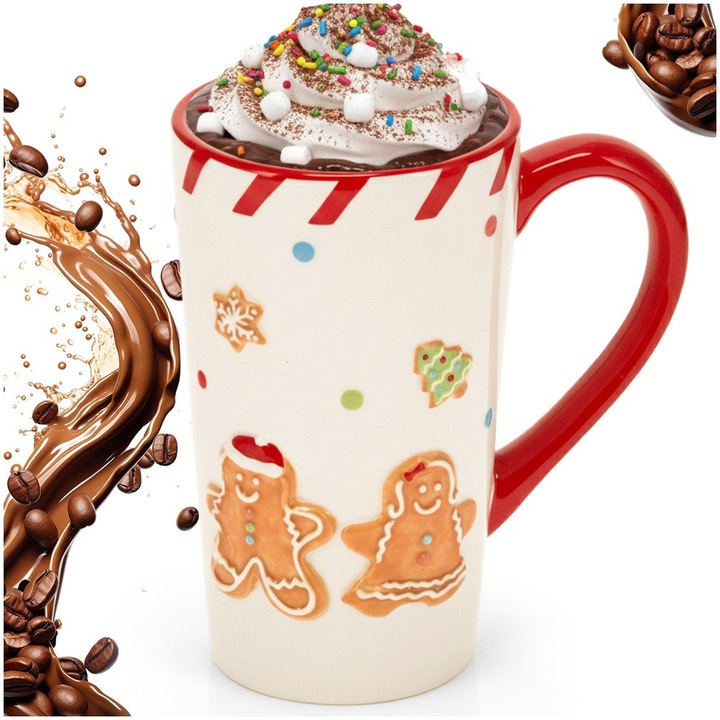 Cana Ceramica Cu Cutie, Home Styling Collection, Mézeskalács Emberke, 570 ml, 13.5x9x15.5 cm, Kerámia, Vonzó Mézeskalács Emberke Grafika, Kényelmes Fogantyú, Ajándéknak Tökéletes, Többszínű