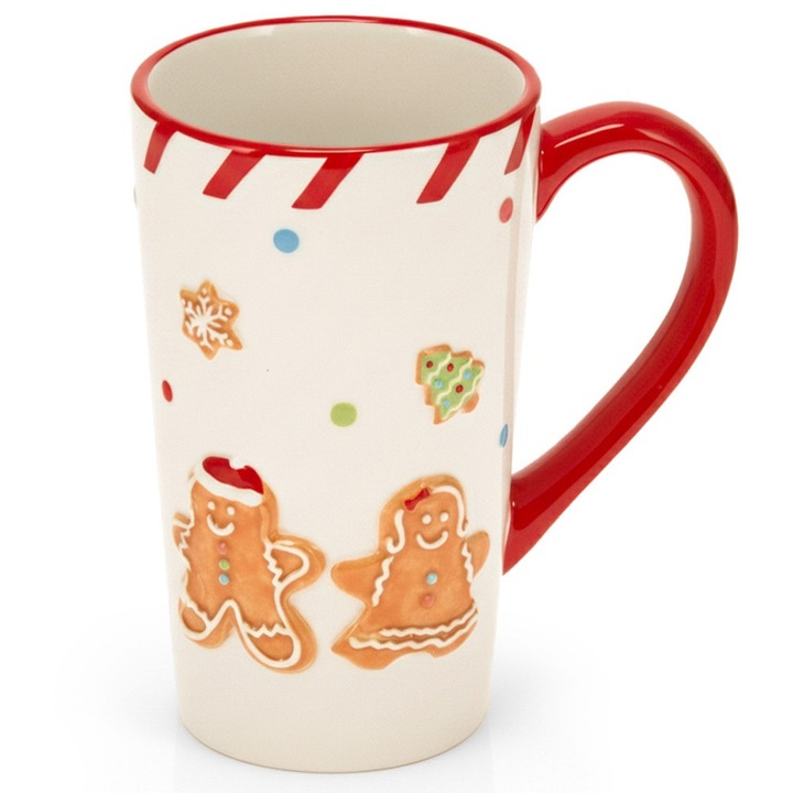 Cana ceramica cu motiv de om de turta dulce, HOME STYLING COLLECTION, 570 ml, alb cu detalii colorate, 13,5x9x15,5 cm