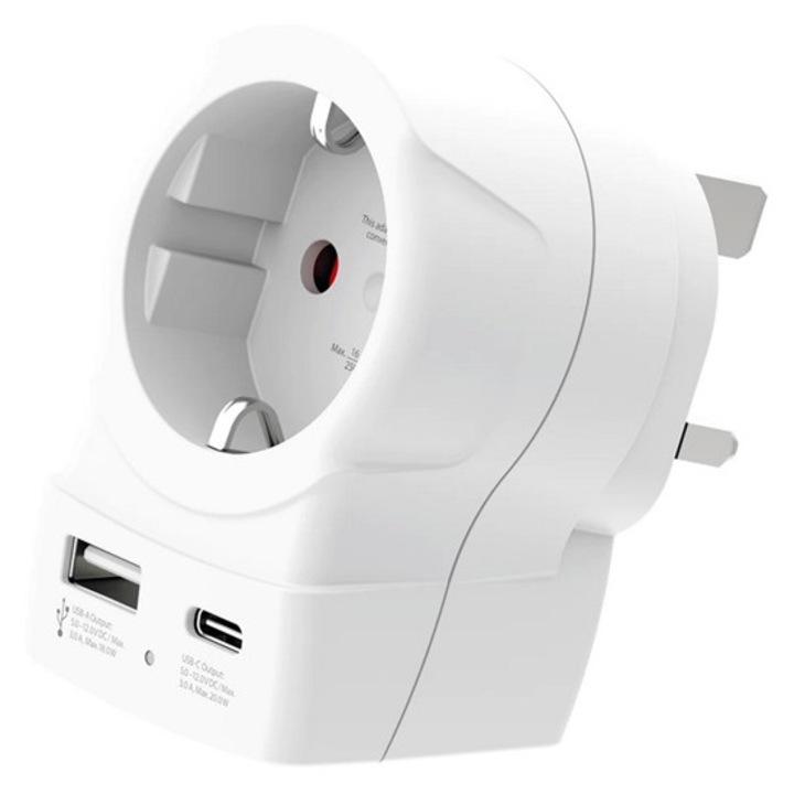 Skross utazó töltő usb+type-c aljzat, 250v/2.5a, 20w, gyorstöltő, eu2 pin - uk, földelt, fehér