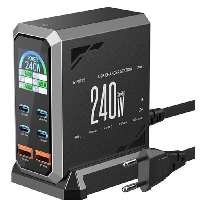 Blitzwolf hálózati töltő állomás 2 usb+4 type-c aljzat, 240w, pd gyorstöltő 3.0, led kijelző, fekete