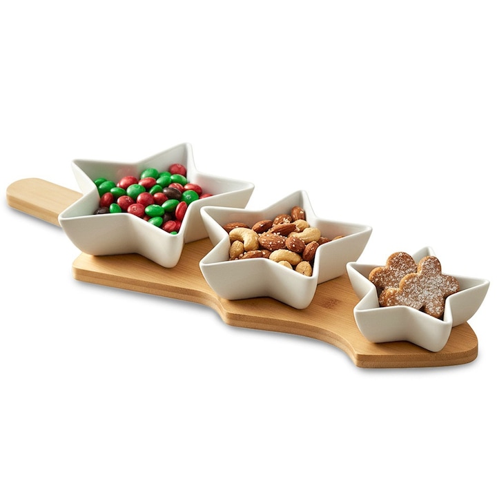 Set de servire, Artemis, 4 piese, portelan alb, tavita din bambus, 42x14x5,5cm