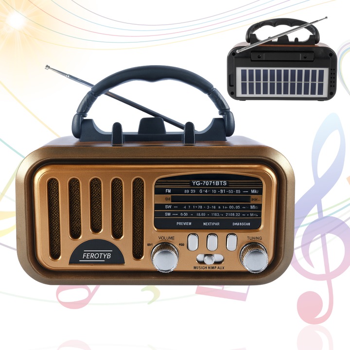 Boxa portabilă FEROTYB cu Bluetooth, panou solar, lanterna LED, radio FM/AM/SW, port USB, slot TF card, design retro, 25x15x10cm