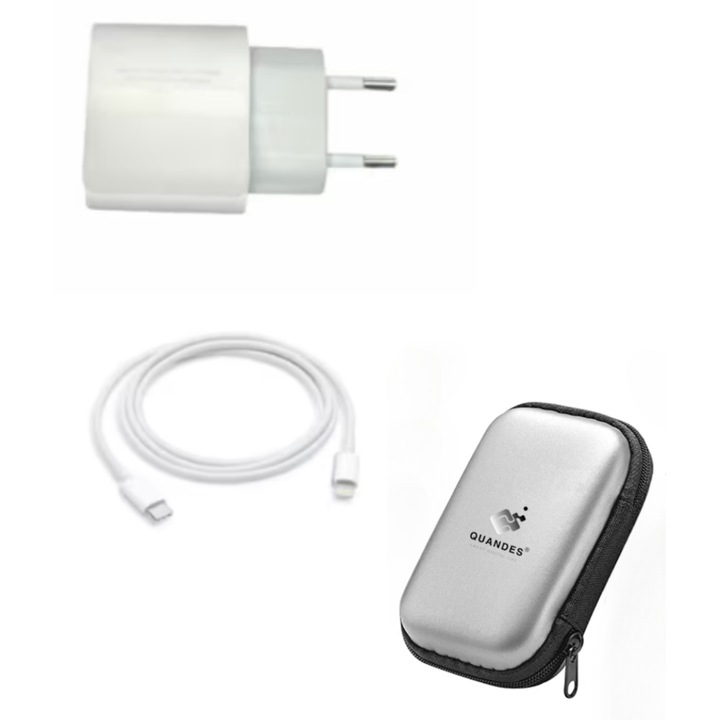 Set Incarcator Adaptor Fast-Charge 20W, si Cablu de Date 1M USB-C - tip Light, Compatibil cu iPhone 14 Pro / 14 Pro Max / 13 Pro Max / 12 Pro / 12 Pro Max, Geanta de depozitare EVA
