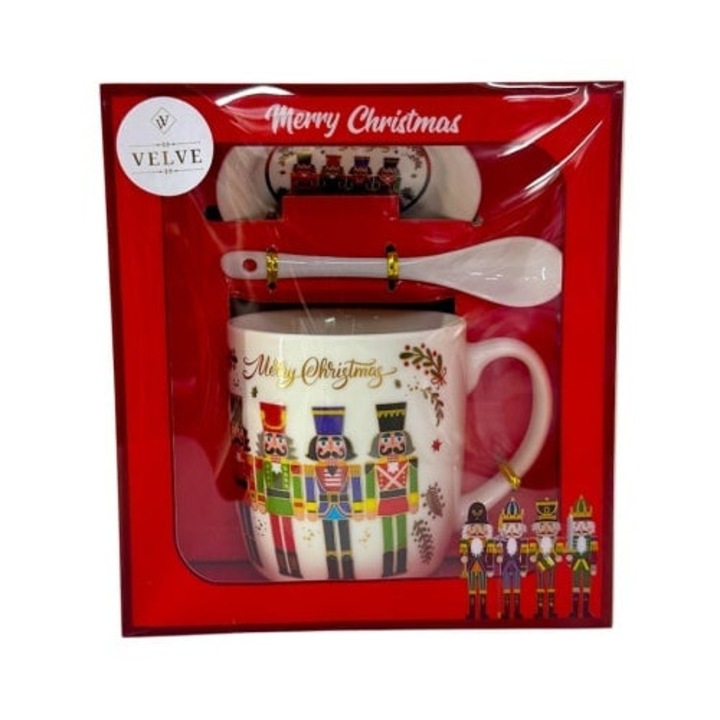 Set cana ceramica, farfurie si lingurita, model spargator de nuci, ambalata in cutie cu fereastra, 200ml, Velve