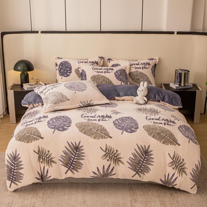 Set Lenjerie CHIRASO, Cocolino Pufos si Colorat, 4 Piese, Cearceaf cu Elastic pentru saltele de 180x200cm, 160x200cm si 140x200cm, Husa Pilota 200x230cm, 2 Fete de Perna 50x74cm, crem-gri