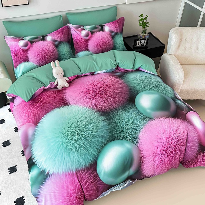 Set Lenjerie CHIRASO, 5D, Finet Premium, 6 Piese, 2 Persoane, Cearceaf Elastic 180x200+30cm, Husa Pilota 200x230cm, Fete Perna 70x70cm si 55x80cm, verde-roz