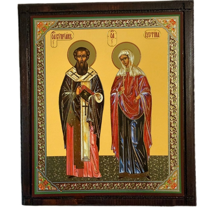 Icoana litografica, Sveti Kiprian si Sveta Ustina, 18x21cm, lemn