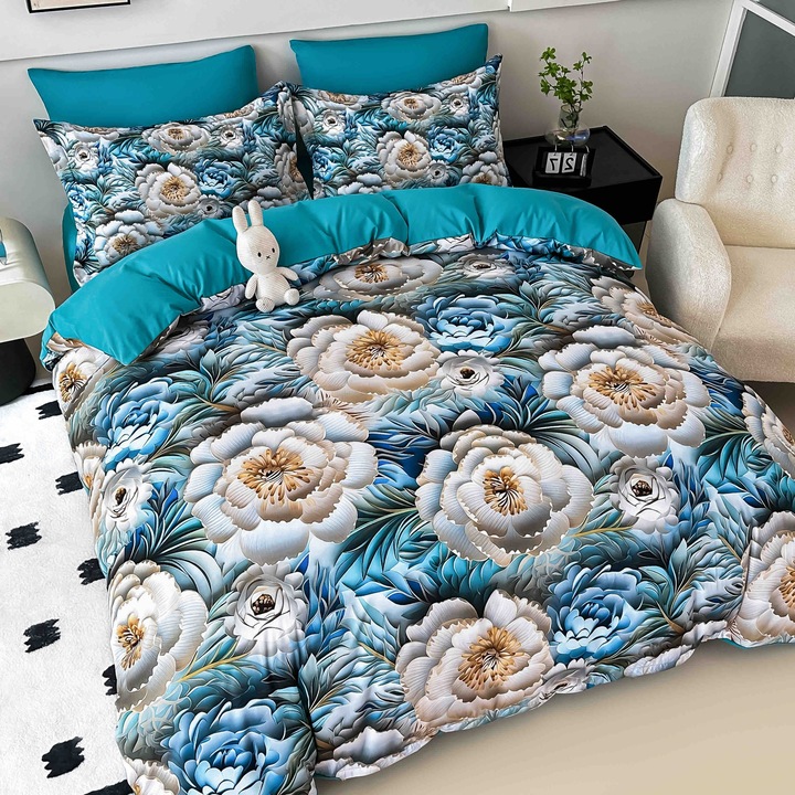 Set Lenjerie CHIRASO, 5D, Finet Premium, 6 Piese, 2 Persoane, Cearceaf Elastic 180x200+30cm, Husa Pilota 200x230cm, Fete Perna 70x70cm si 55x80cm, albastru-alb