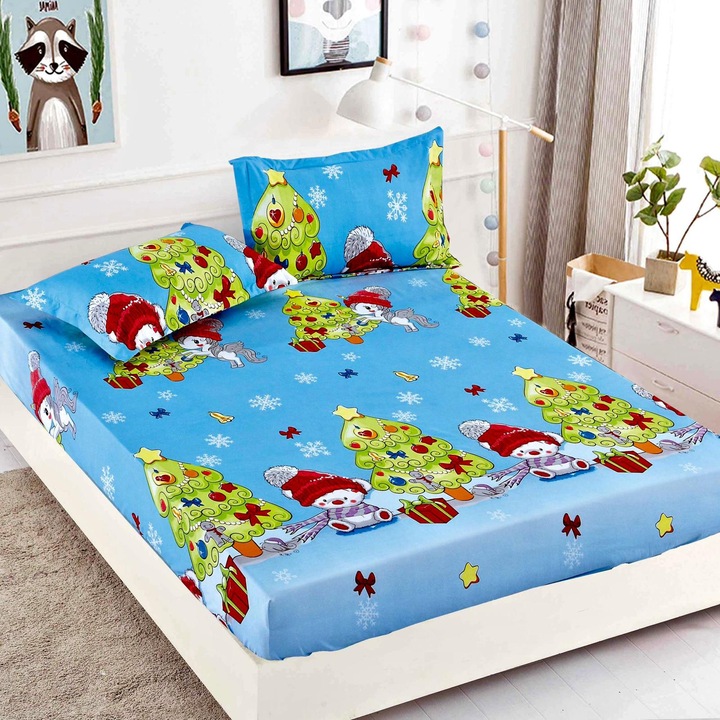Set Husa de Pat CHIRASO, Finet Gros, 3 Piese, Pat Dublu, Elastic 180x200cm, Fete Perna 55x80cm, Bradut, albastru deschis-verde