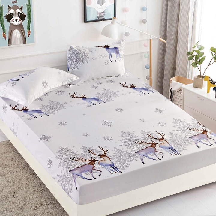 Set Husa de Pat CHIRASO, Finet Gros, 3 Piese, Pat Dublu, Elastic 180x200cm, Fete Perna 55x80cm, Reni, alb