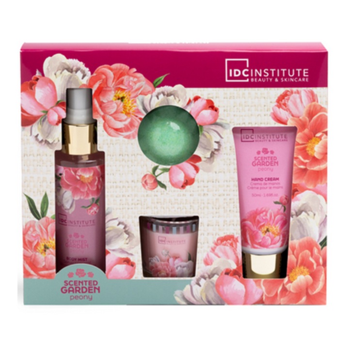 Set cadou cosmetic IDC Gradina parfumata bujor, spray 100ml, crema maini 50ml, bomba baie 60g, lumanare