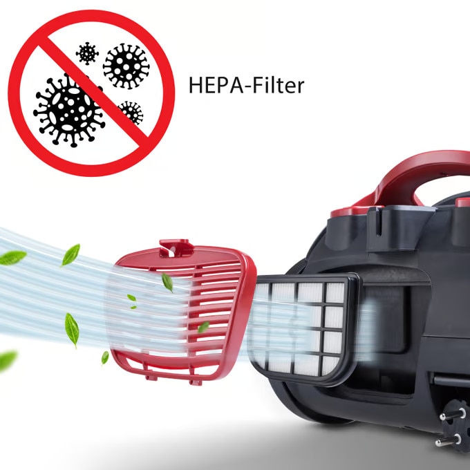 Aspirator fără sac Monzana ECO Power Green Edition, 900W, filtrare HEPA, Negru/Rosu, tub telescopic 88cm