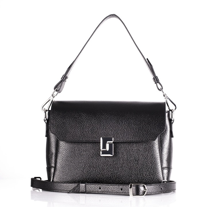 Geanta dama Arillu Casiana, piele naturala, 3 compartimente, negru, detasabila