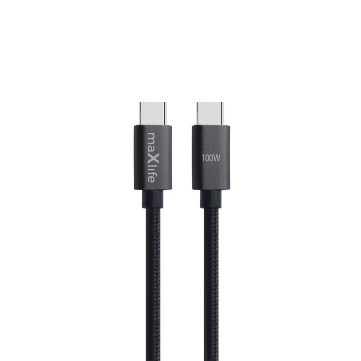 Cablu MaXlife MXUC-12 USB-C - USB-C 1m 100W negru, rezistent, incarcare stabila, transfer fiabil de date