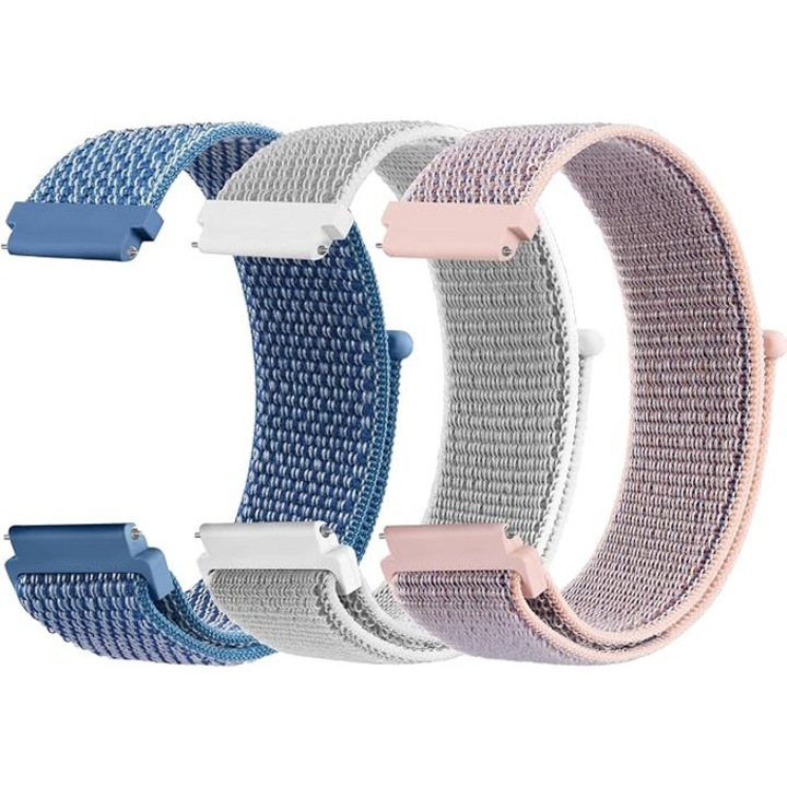 Комплект от 3 найлонови каишки 20мм Mugust, сив/розов/син, система за бързо закрепване