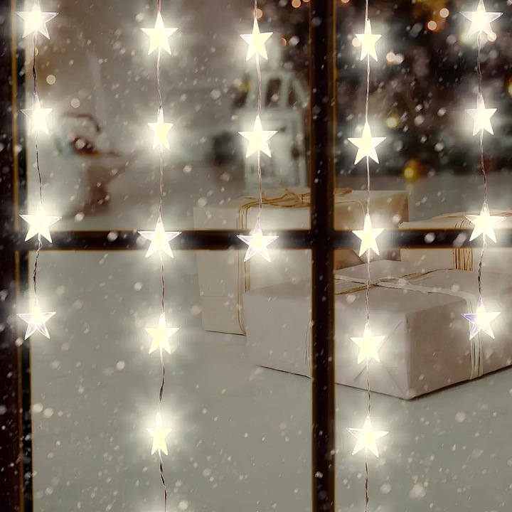Instalație de Crăciun tip Perdea cu Stele, 75 LED-uri, 8 jocuri de lumini, Alb Cald, 3m
