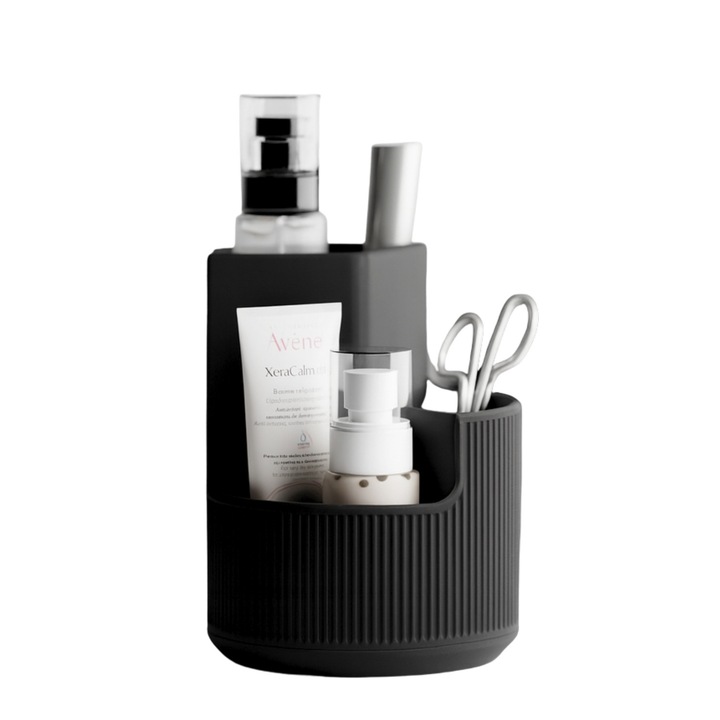 Organizator cosmetic rotund cu 3 compartimente, negru, ideal pentru pensule si rujuri, dimensiuni variate