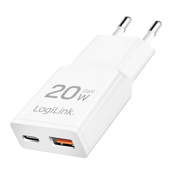 Incarcator telefon Logilink Dual-USB GaN 20W alb, 1x USB-C, 1x USB-A