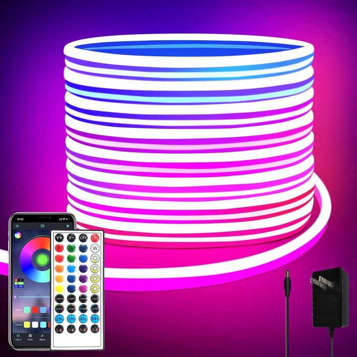 Banda LED neon 10m flexibila impermeabila multicolor, control APP ...