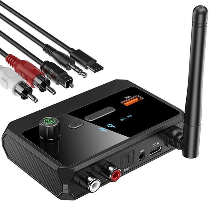 Bluetooth audio vevő adapter 2 az 1-ben, Rqiurpn, Bluetooth 5.3, 3,5 mm-es AUX sztereó bemenet, RCA/AUX/Optikai támogatás, Stabil csatlakozás, Plug & play beállítás, Fekete
