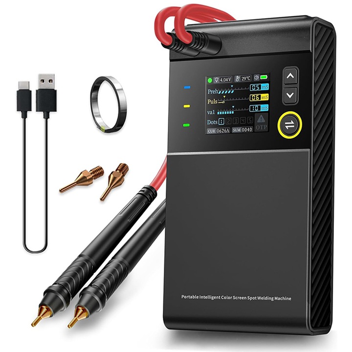 Aparat de sudura in puncte pentru baterii Li-ion, Rqiurpn, 5000mAh, Curent de descarcare 1200A, Grosime sudura banda nichel 0.1-0.25mm Aluminiu 0.1-0.30mm, Protectie scurtcircuit, Ecran color 1.8 Inch, Power Bank, Portabil, Negru