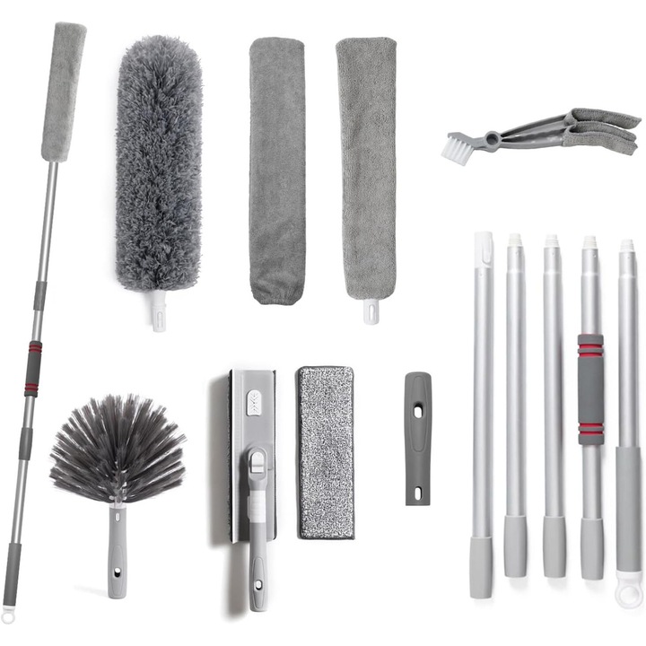 Set de curățare SUJOSAJU cu mâner telescopic 2-in-1, 2.35m, gri, pentru geamuri și suprafețe înalte