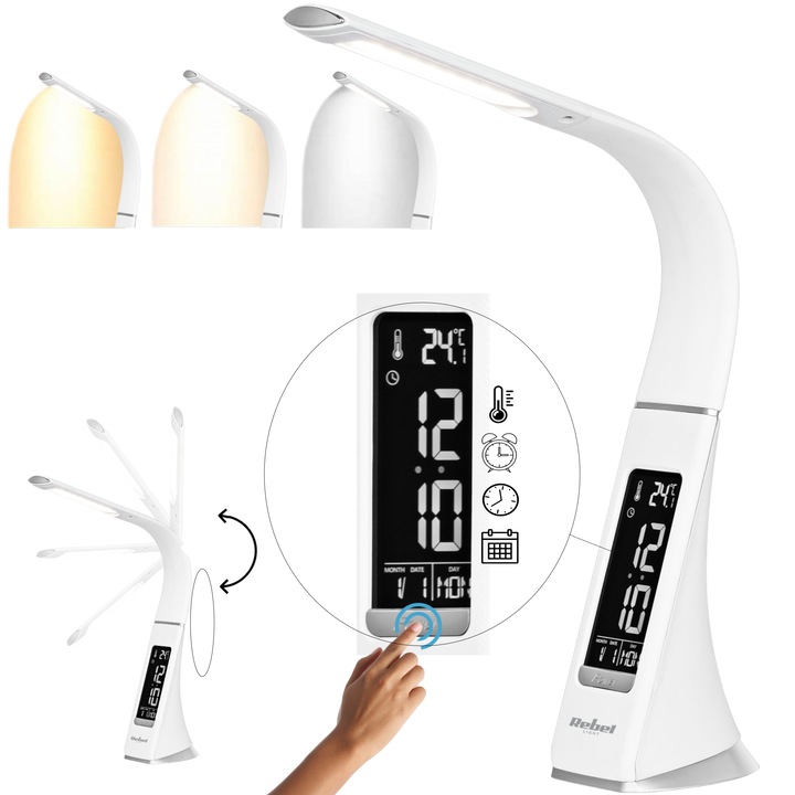 Lampa LED de birou cu afisaj, Rebel, 3 trepte de intensitate, alb, 7W