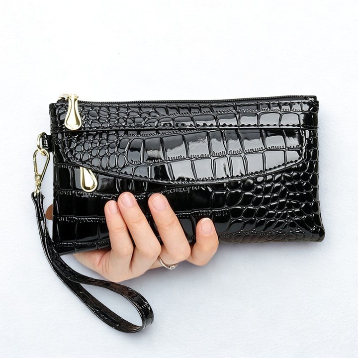 Дамски черен лачен портфейл, множество отделения, PD018