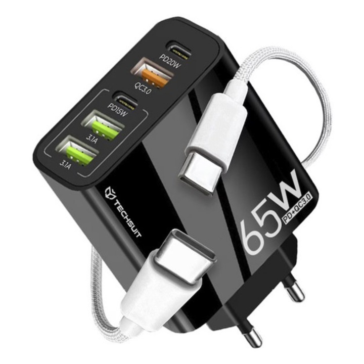 Incarcator Retea, 5 Porturi Fast Charger 65W, 3x USB QC 3.0, 2x Type-C, Cablu Usb-C Inclus, Pentru iPhone, Samsung, Xiaomi, Blk