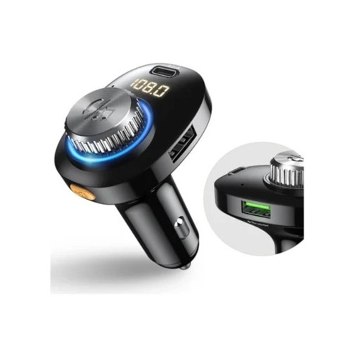 Bluetooth 5.0 FM transzmitter autóba, 22.5W, gyors töltés, fekete