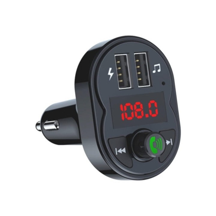 Bluetooth FM transmitter 2 USB 5V/3.4A porttal, autós feszültségmérővel, LED kijelzővel, fekete