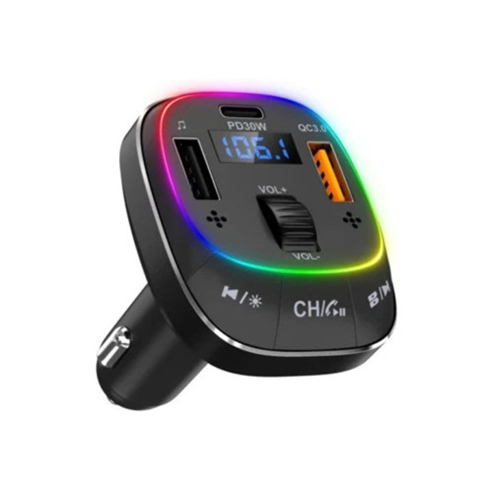 Bluetooth FM adó 5.3, 30W, autós töltő, kettős mikrofon, fekete