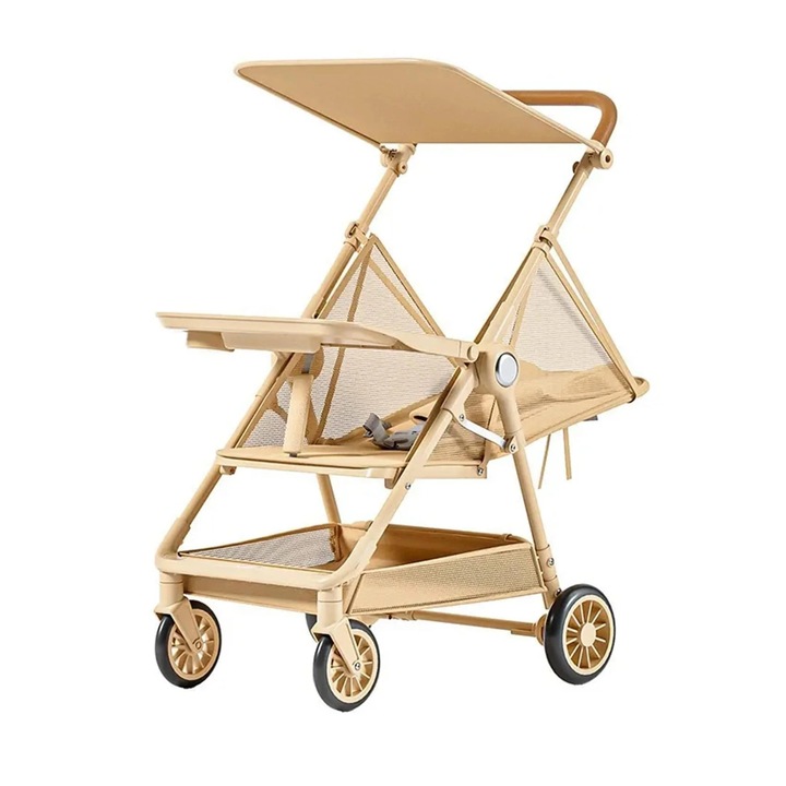 Сгъваема бебешка количка, 4 колела 360°, 175°/напълно плоско накланяне на седалката, сенник, подвижна тава + предпазител, сгъване с едно докосване, метална рамка, 0–36 месеца, бежова